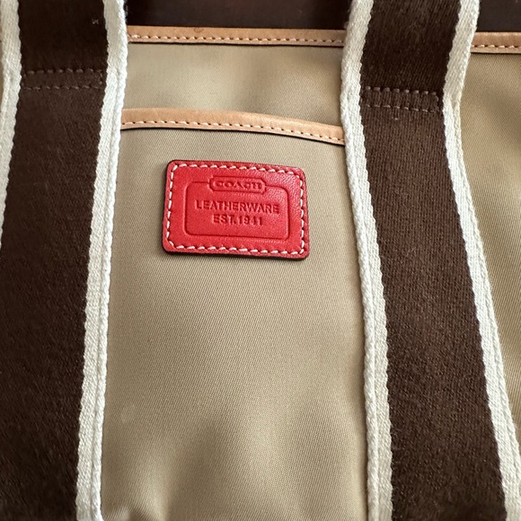 Coach Tan and Brown Duffel Bag with Red Accent
